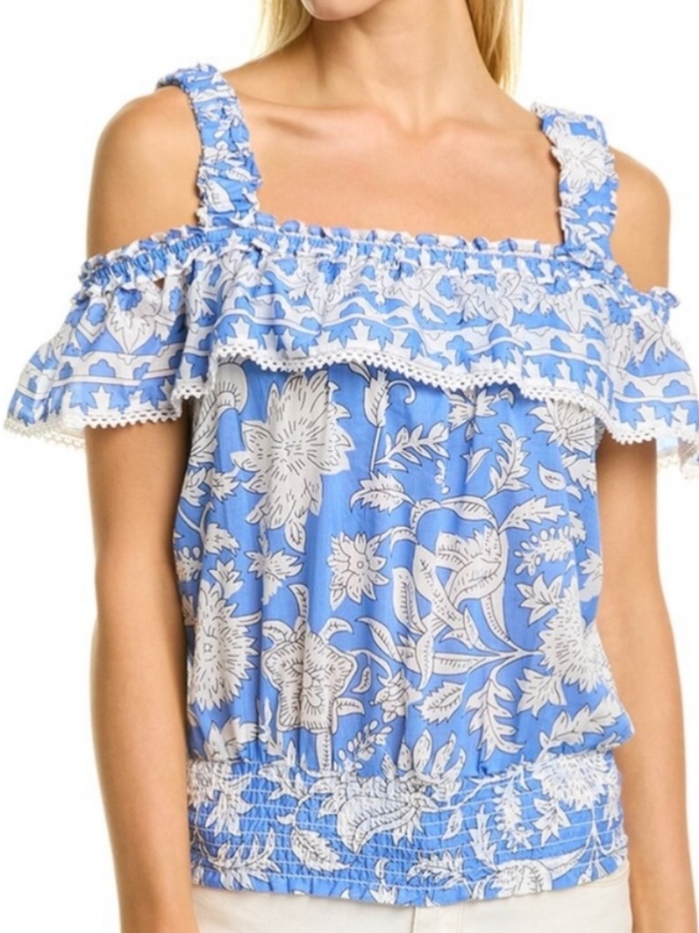 Jennifer & Grace Anthropologie Blue
White Floral off shoulder ruffle top Size L - Picture 9 of 9